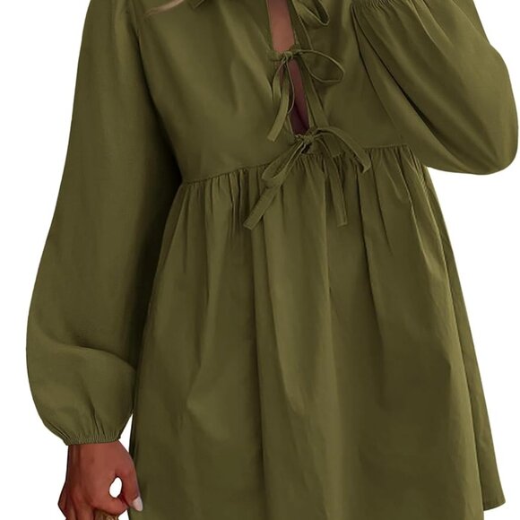 Women's Casual Short Dress 2025 Bow Tie Front Puff Long Sleeve Button A Line Cut - Picture 1 of 8